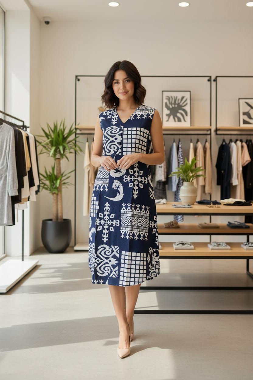 A navy blue sleeveless two-piece dress with white geometric patterns displayed on a mannequin.