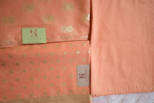 Luminous Peach &amp; Gold Zari Unstitched Set
