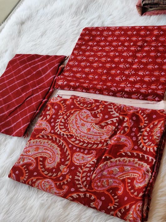 Red Paisley Floral Print Unstitched 3 piece Cotton Salwar Suit Set
