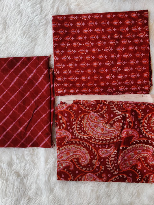 Red Paisley Floral Print Unstitched Cotton Salwar Suit Set