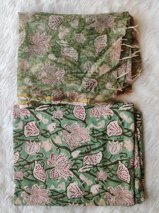 Sage Green Maroon Floral Print Unstitched Suit Fabric with Gold Border Dupatta