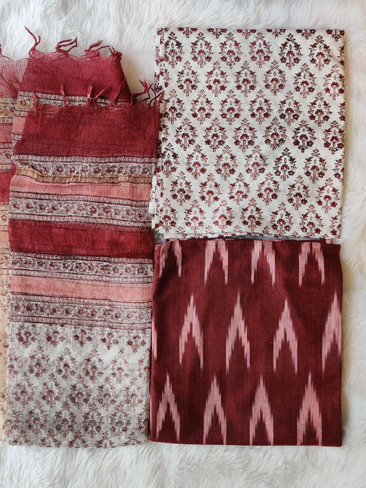 Maroon Ikat Floral Print Unstitched Suit Fabric with Striped Dupatta
