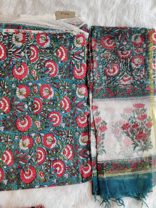 Teal Blue Red Floral Block Print Unstitched Suit Fabric with Contrast Dupatta
