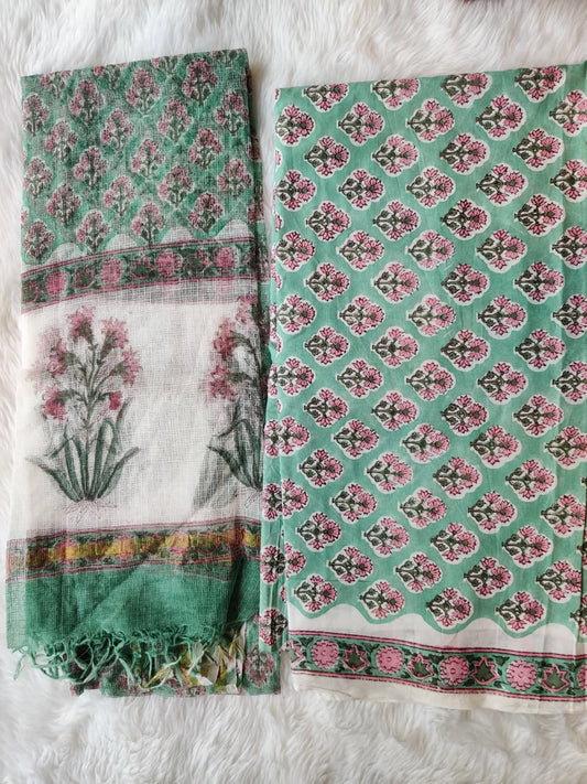 Mint Green Pink Floral Block Print Unstitched Suit Fabric with Designer Dupatta