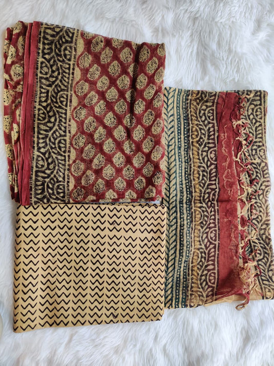 Rustic Red Beige Dabu Print Unstitched Suit with Geometric Dupatta