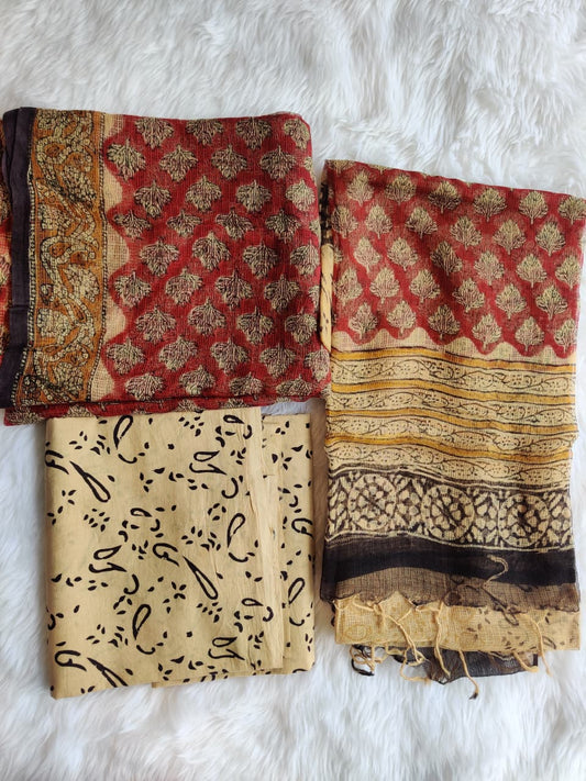 Rustic Red Beige Leaf Print Unstitched Suit with Abstract Dupatta