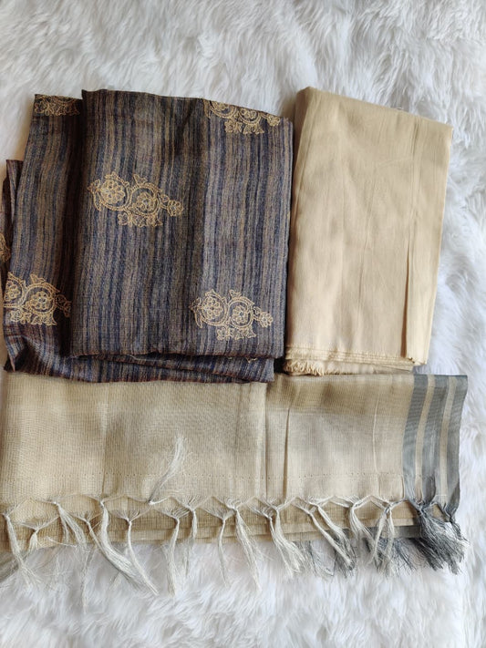 Brown Striped Unstitched Suit with Embroidery and Tassel Dupatta