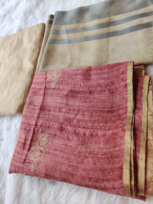 Fuchsia Silk Blend Embroidered Unstitched Suit with Striped Dupatta