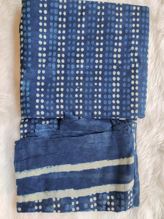 Classic Indigo Blue Dabu Print Unstitched Cotton Suit Set