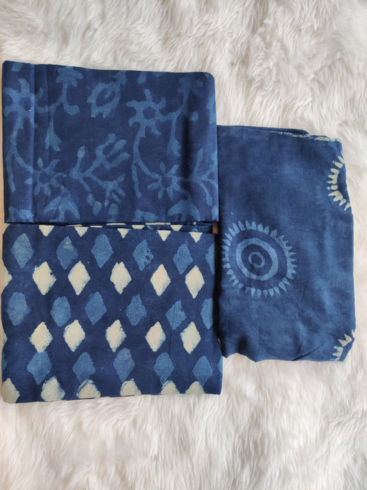 Triple Indigo Blue Block Print Unstitched Cotton Suit Set