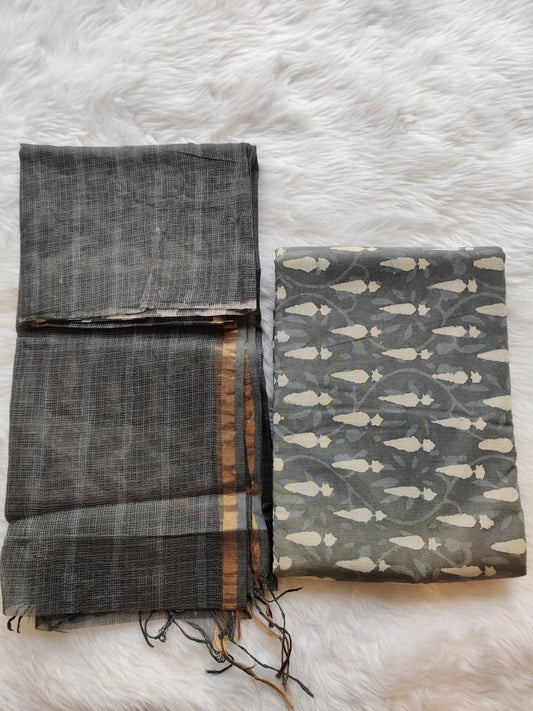 Charcoal Gray Block Print Unstitched Suit with Gold Border Dupatta