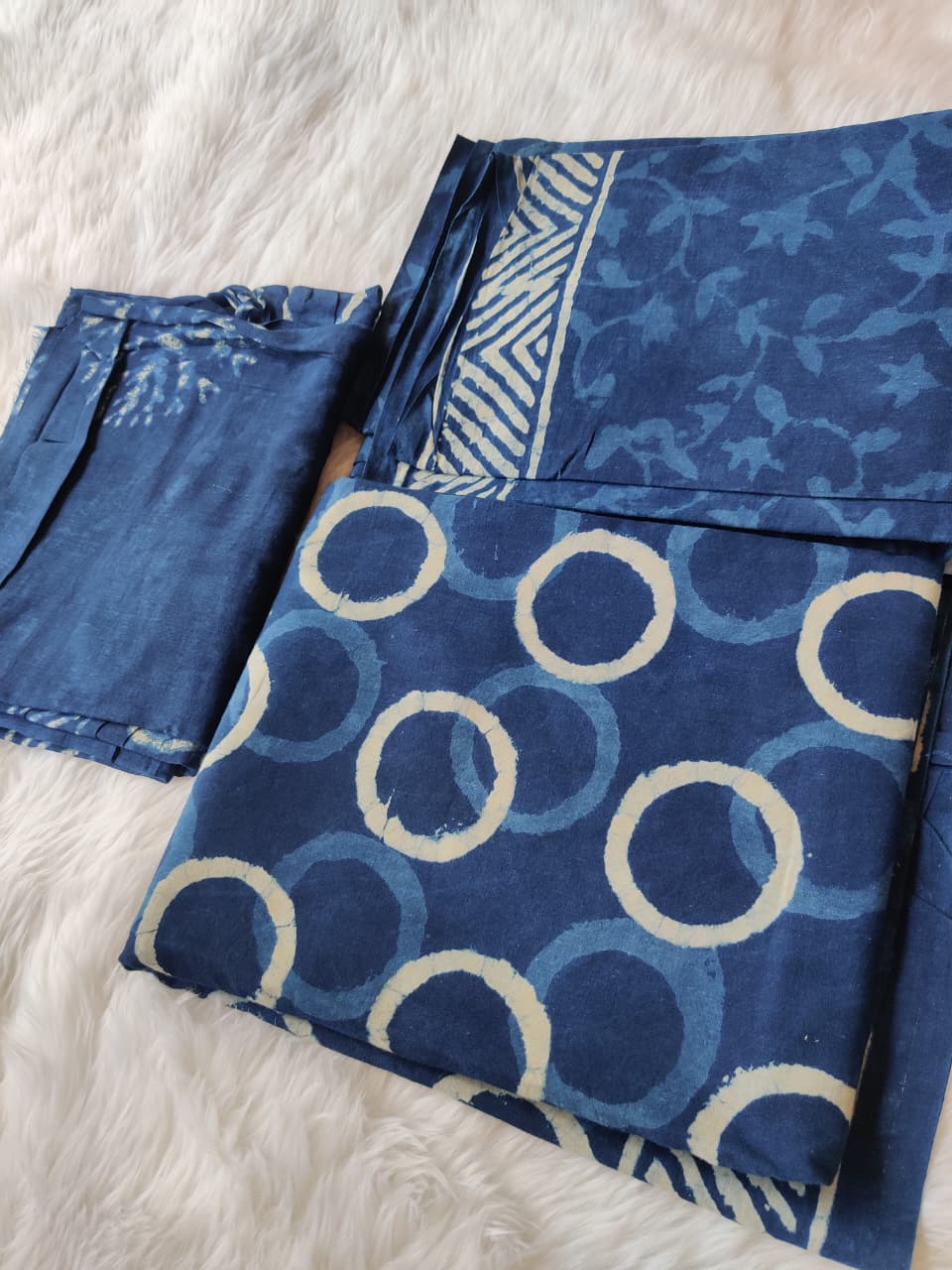 Triple Print Indigo Blue Dabu Unstitched Cotton Suit Set