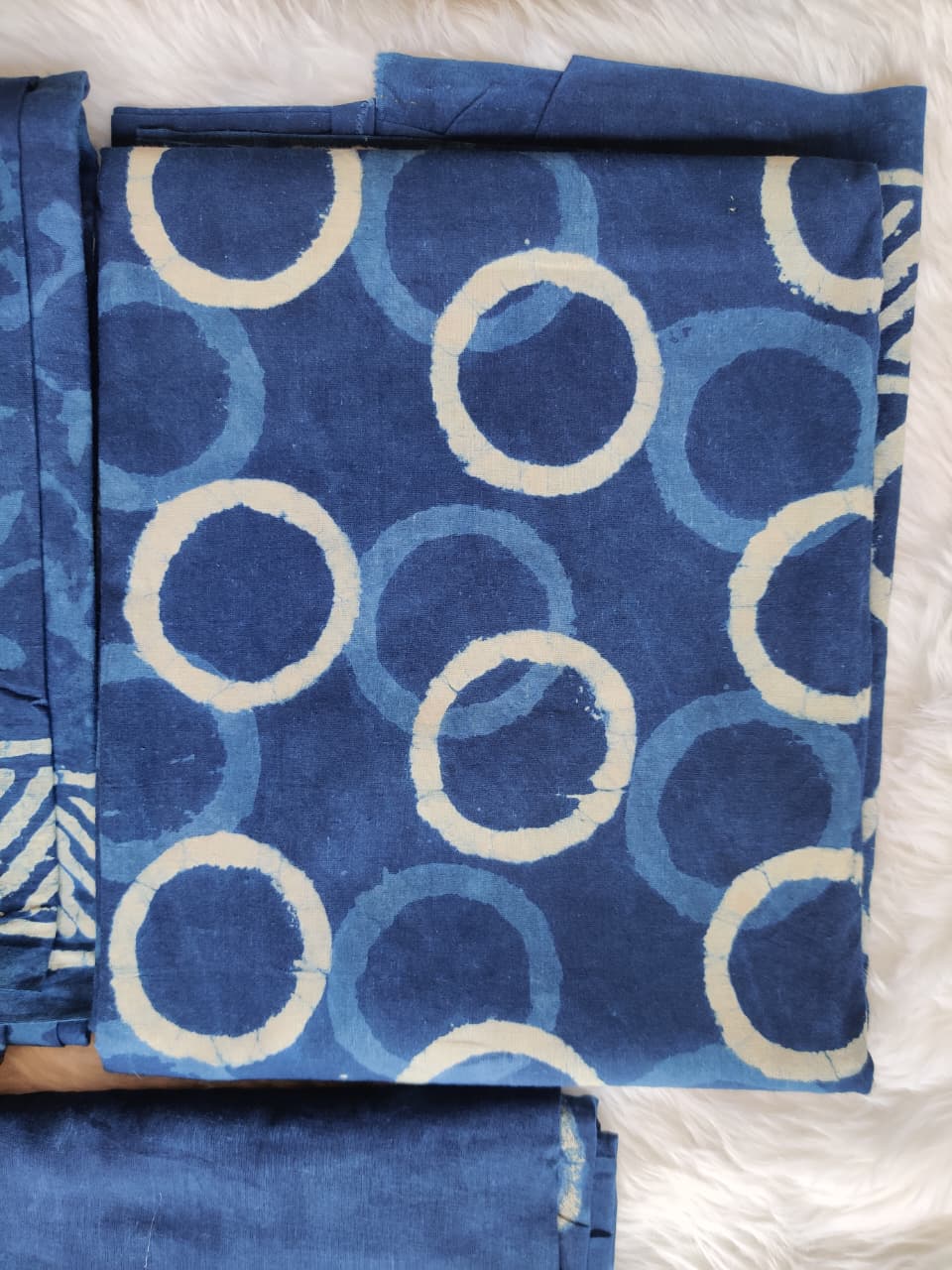 Triple Print Indigo Blue Dabu Unstitched Cotton Suit Set