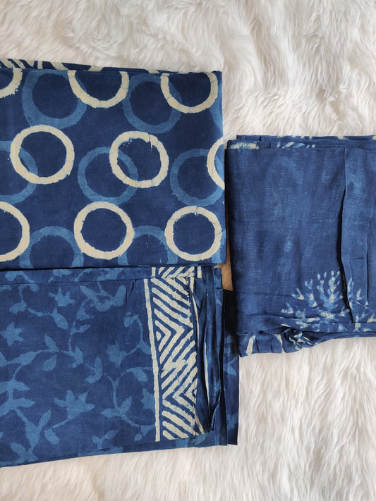 Triple Print Indigo Blue Dabu Unstitched Cotton Suit Set
