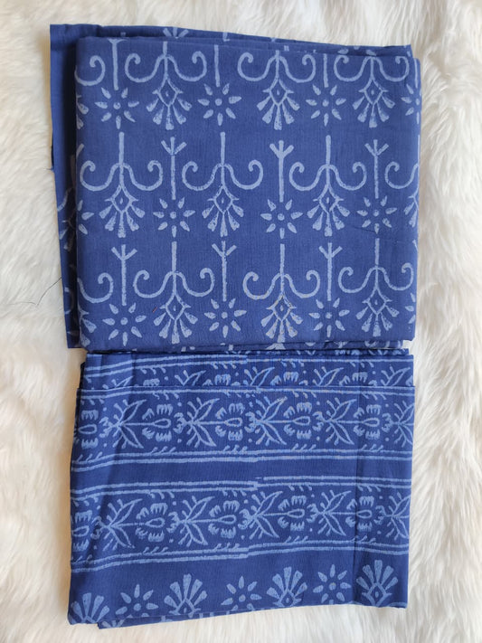 Periwinkle Blue Block Print Unstitched Suit Fabric with Border