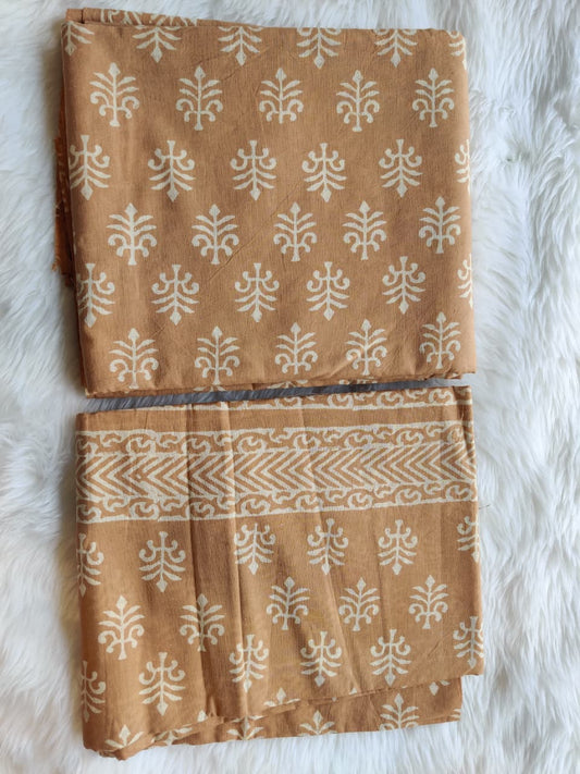 Tan Beige White Block Print Unstitched Suit Fabric Set