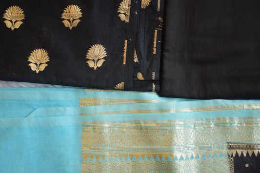 Elegant Black &amp; Teal Banarasi Dress Material Set-ST 123