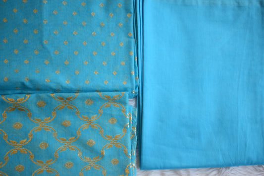 Sky Blue &amp; Gold Zari Unstitched Suit Set