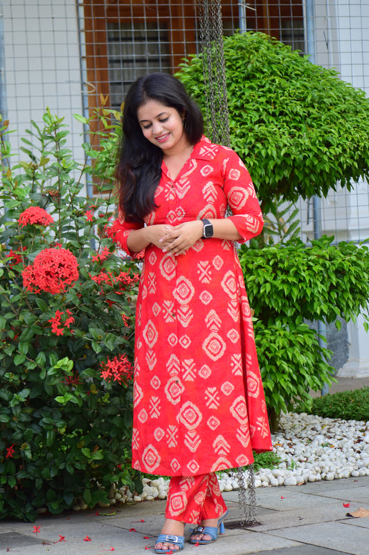 Red Printed Kurti Set shirt collar-ST464