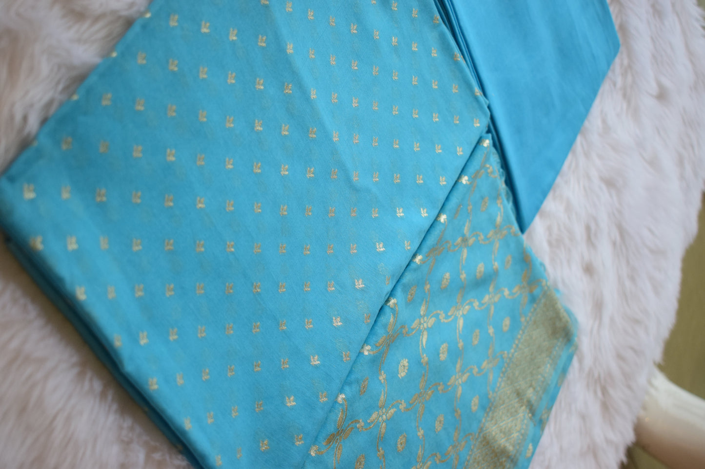 Sky Blue &amp; Gold Zari Unstitched Suit Set