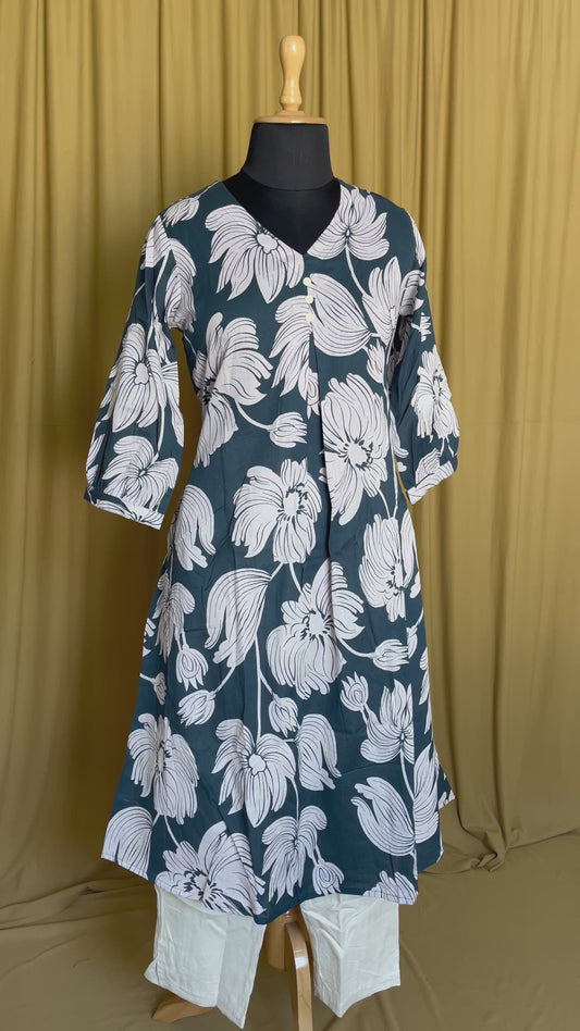 ST-339 WHITE BIG FLOWER GREEN 2 PC KHADI