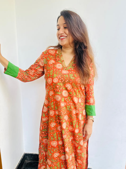 ST-511 ORANGE FLORAL PRINTED KURTI SET WITH PANTS 🧡