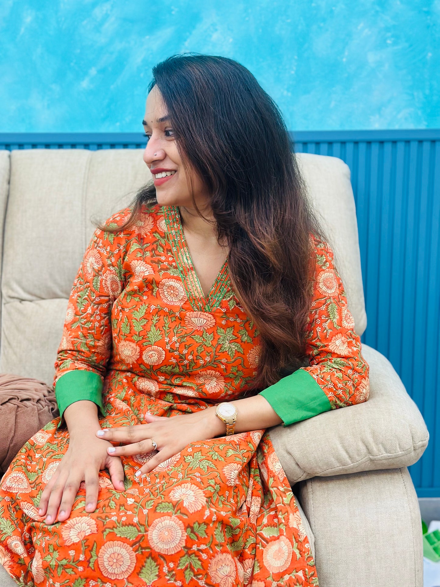 ST-511 ORANGE FLORAL PRINTED KURTI SET WITH PANTS 🧡