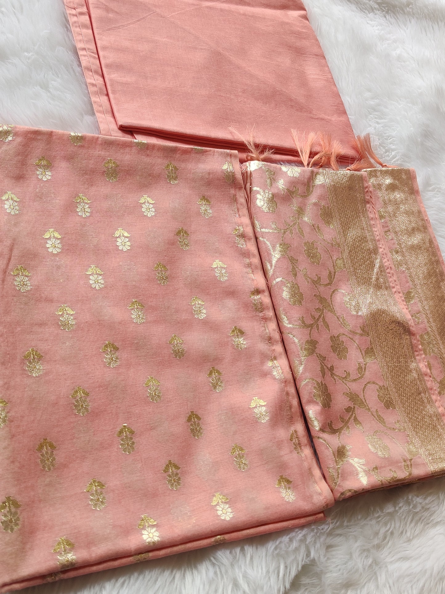 Peach & Gold Floral Unstitched Dress Material