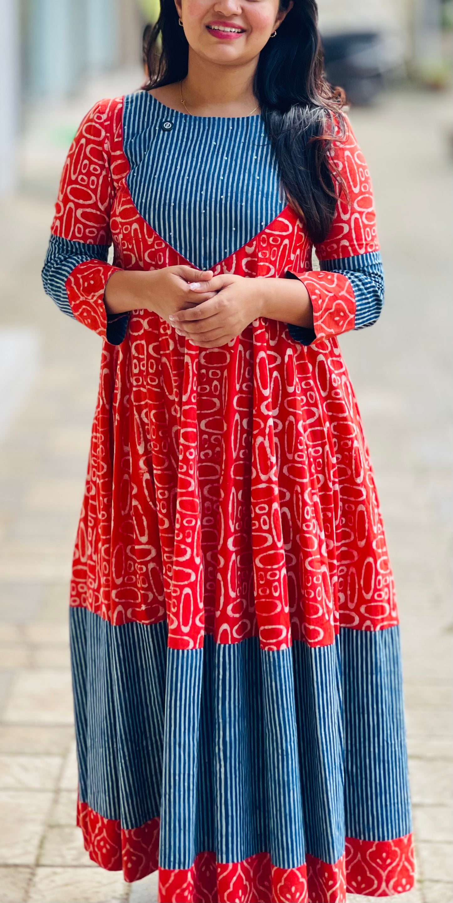 Artisan Printed Cotton Flared Maxi Dress | Red & Indigo Stripe Panel Kurta