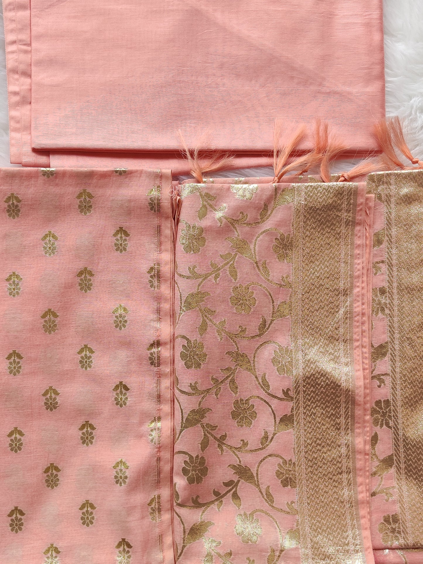 Peach & Gold Floral Unstitched Dress Material