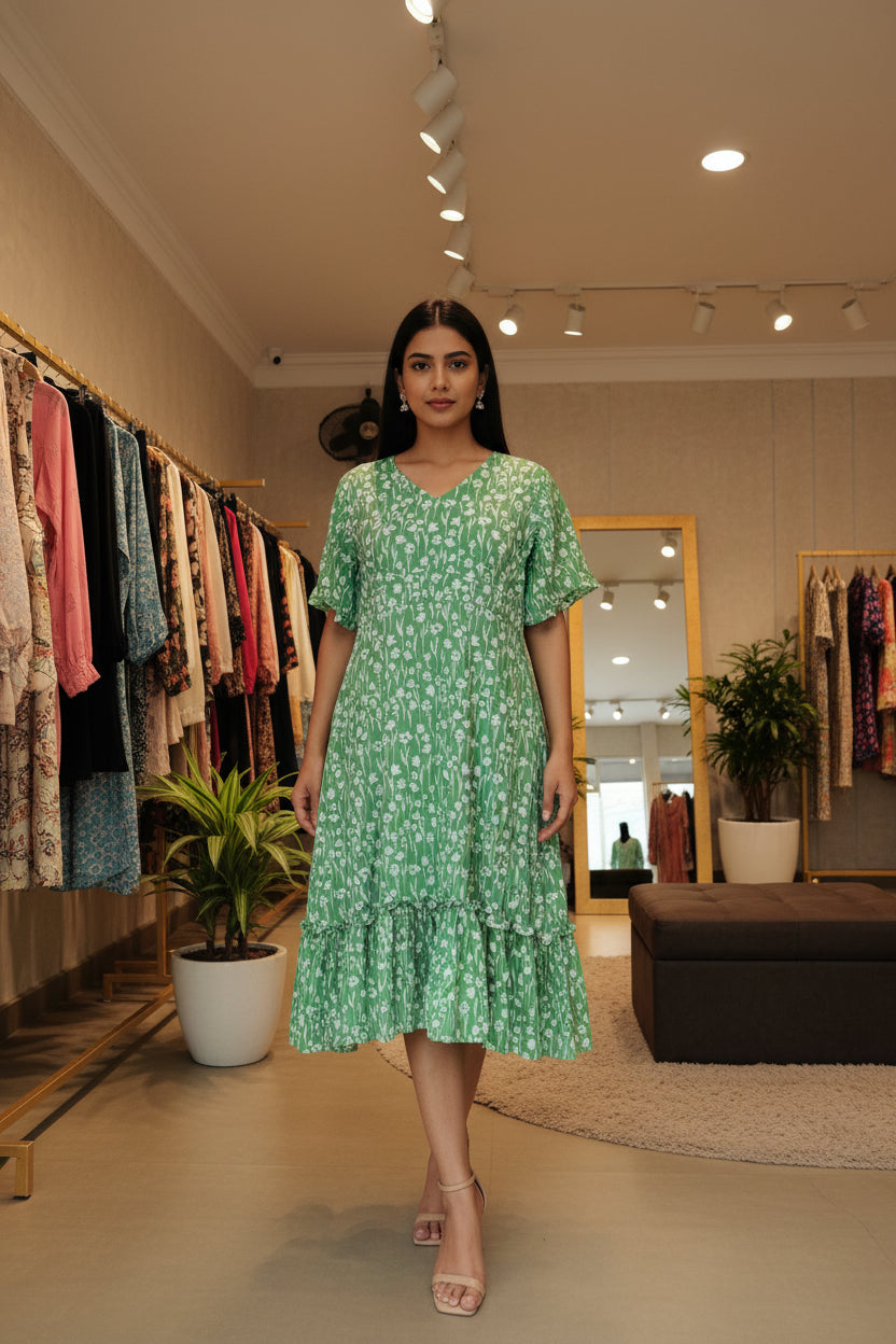 Green floral dress on a mannequin in a store setting
