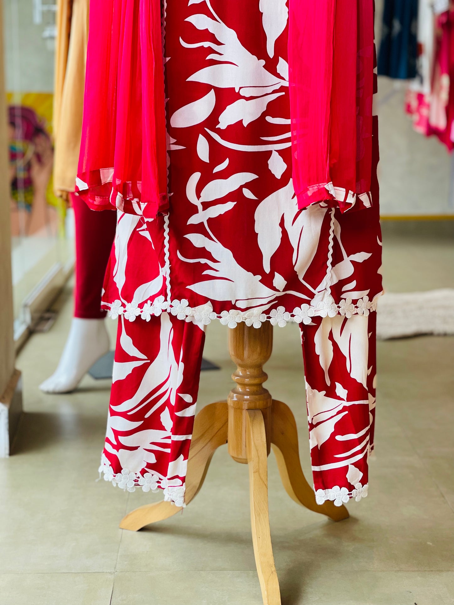 Red and cream lace work 3 piece