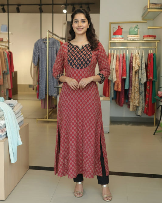 Red and navy patterned fabric on a mannequin in a store setting