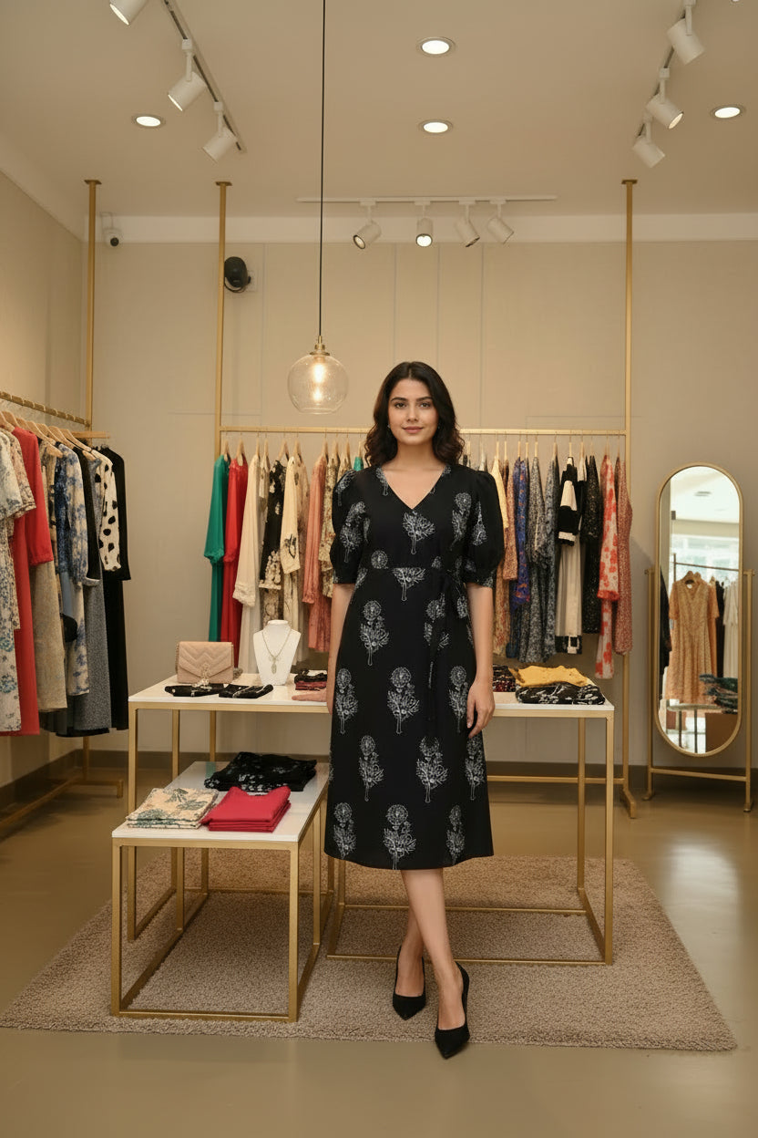 ST-412 COTTON WRAP DRESS BLACK