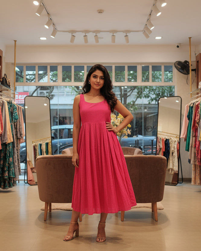 Mannequin wearing a bright pink dress with a blurred background