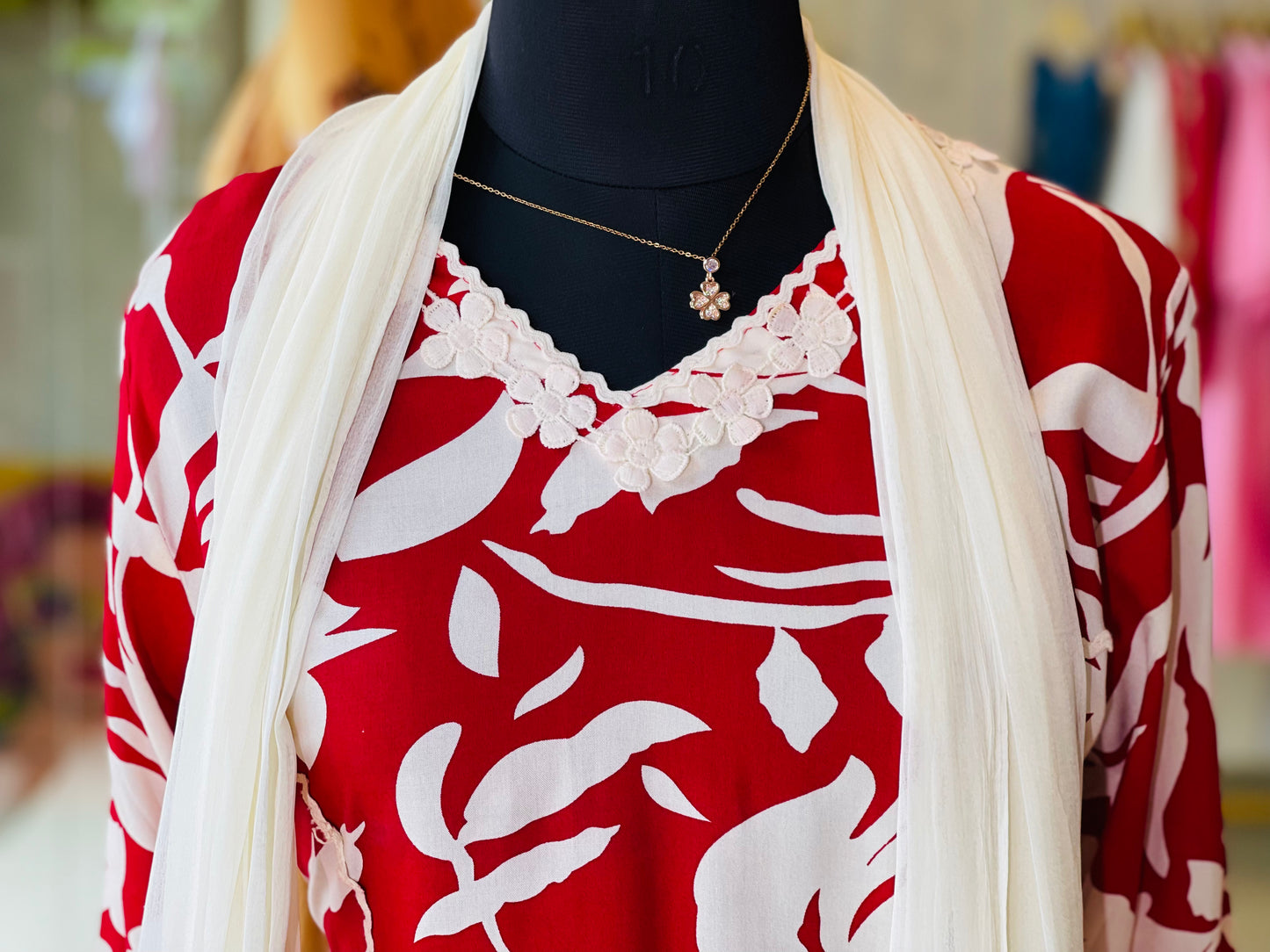 Red and cream lace work 3 piece