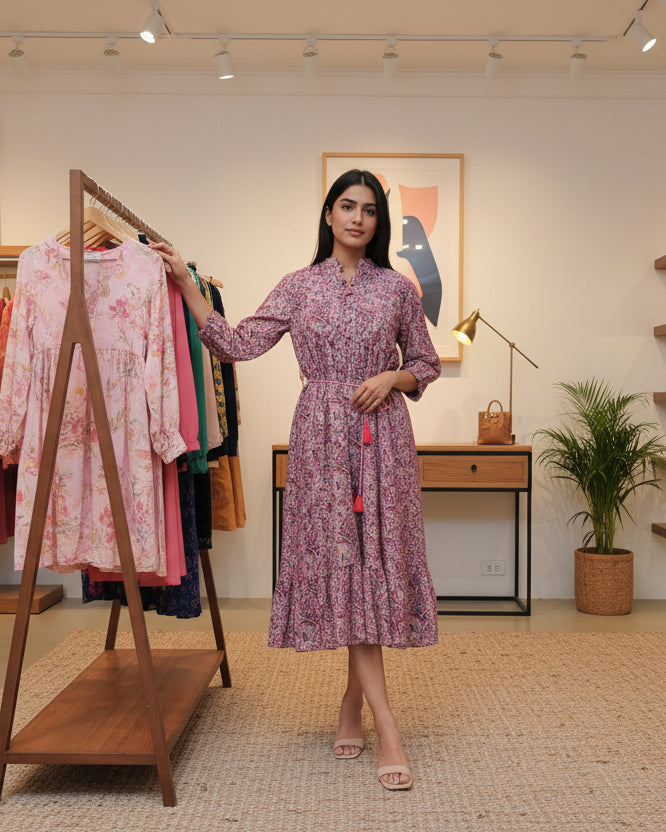 Pink floral dress on a mannequin with a blurred indoor background