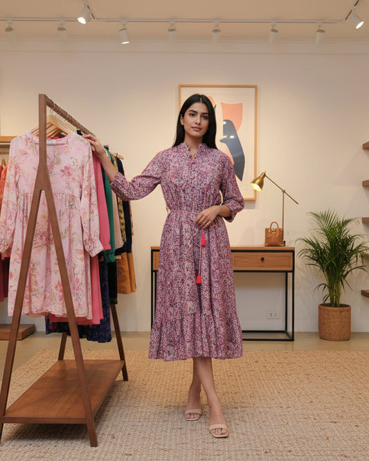 Pink floral dress on a mannequin with a blurred indoor background