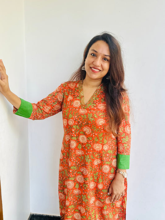 ST-511 ORANGE FLORAL PRINTED KURTI SET WITH PANTS 🧡