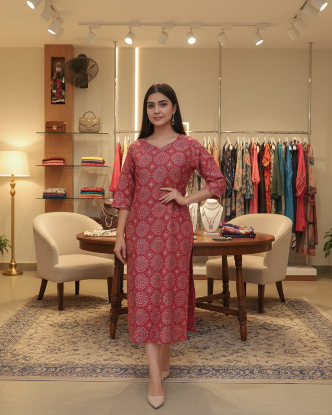 Red patterned dress on a mannequin in a store setting