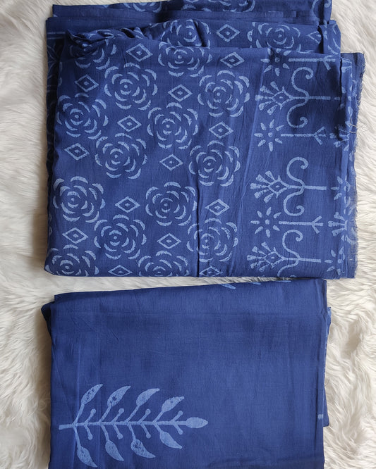Two blue patterned cloths on a white surface