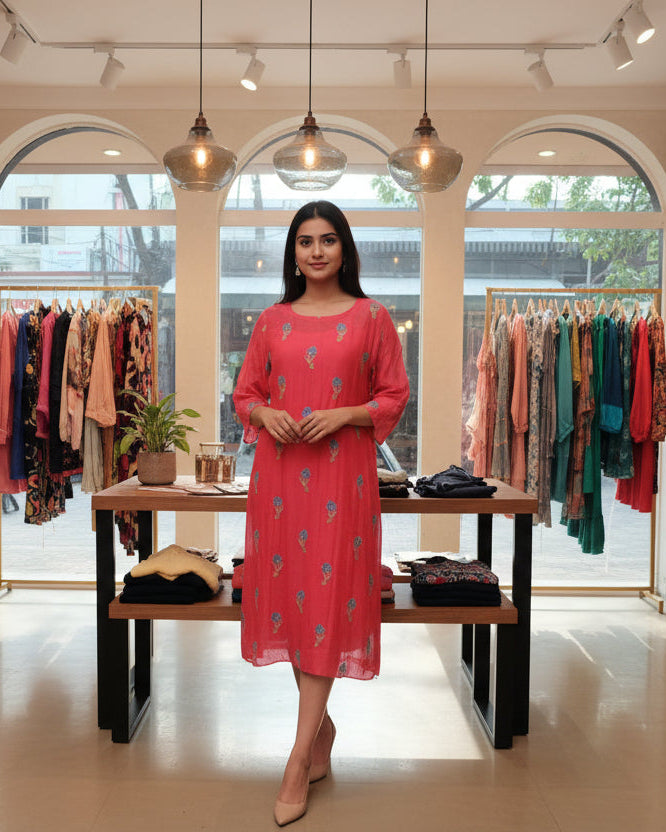 Red dress with floral patterns on a mannequin in a store setting.